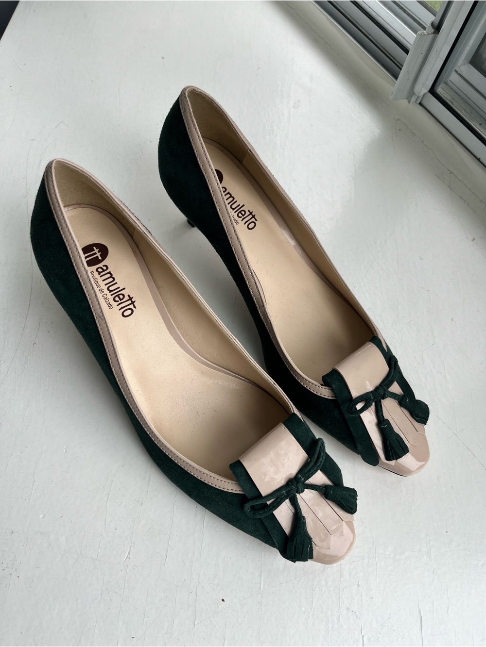 Green Suede Tassel Kitten Heel Pumps -